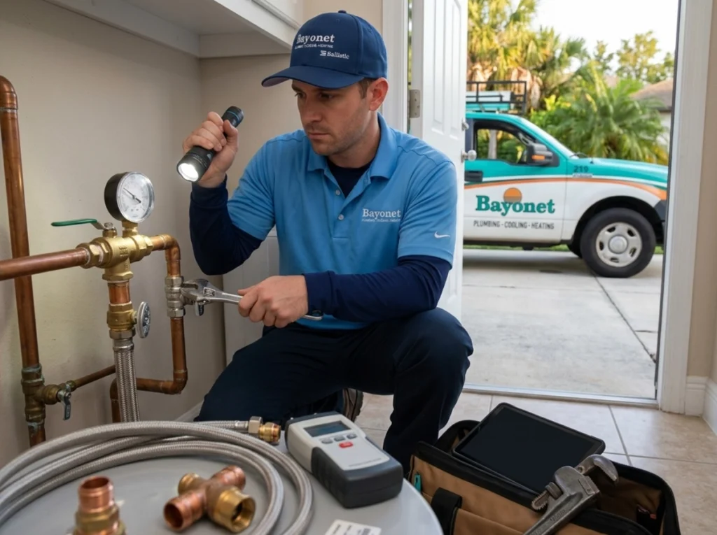 Plumber inspecting shut-off valves before Florida storm season
