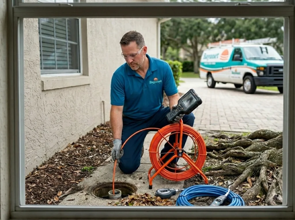 Plumber inspecting sewer cleanout before heavy storm rain