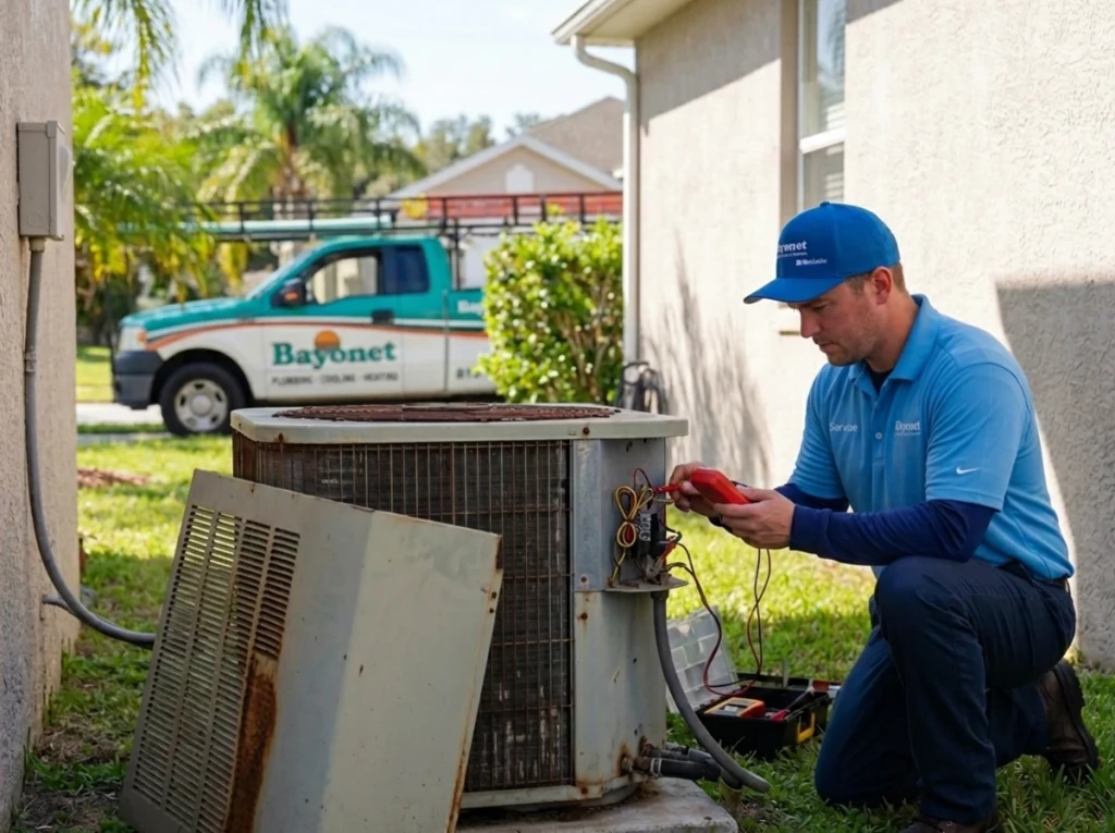 A Bayonet hvac tech servicing an AC condenser unit.