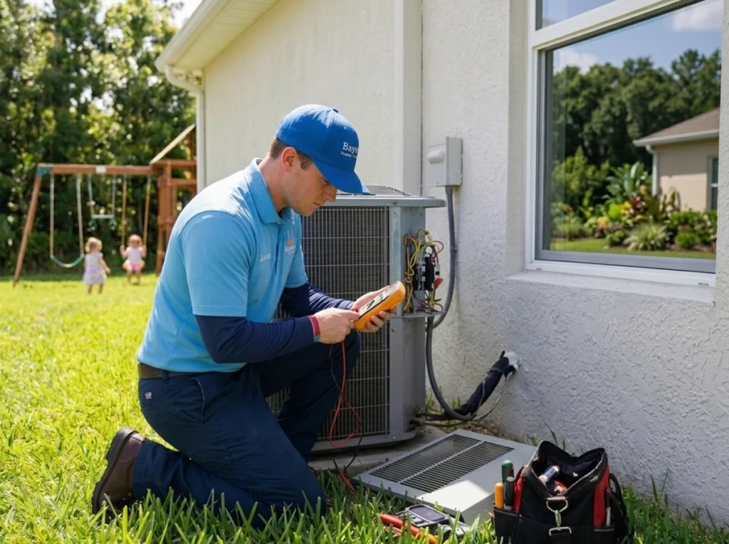 An HVAC tech servicing an AC unit.