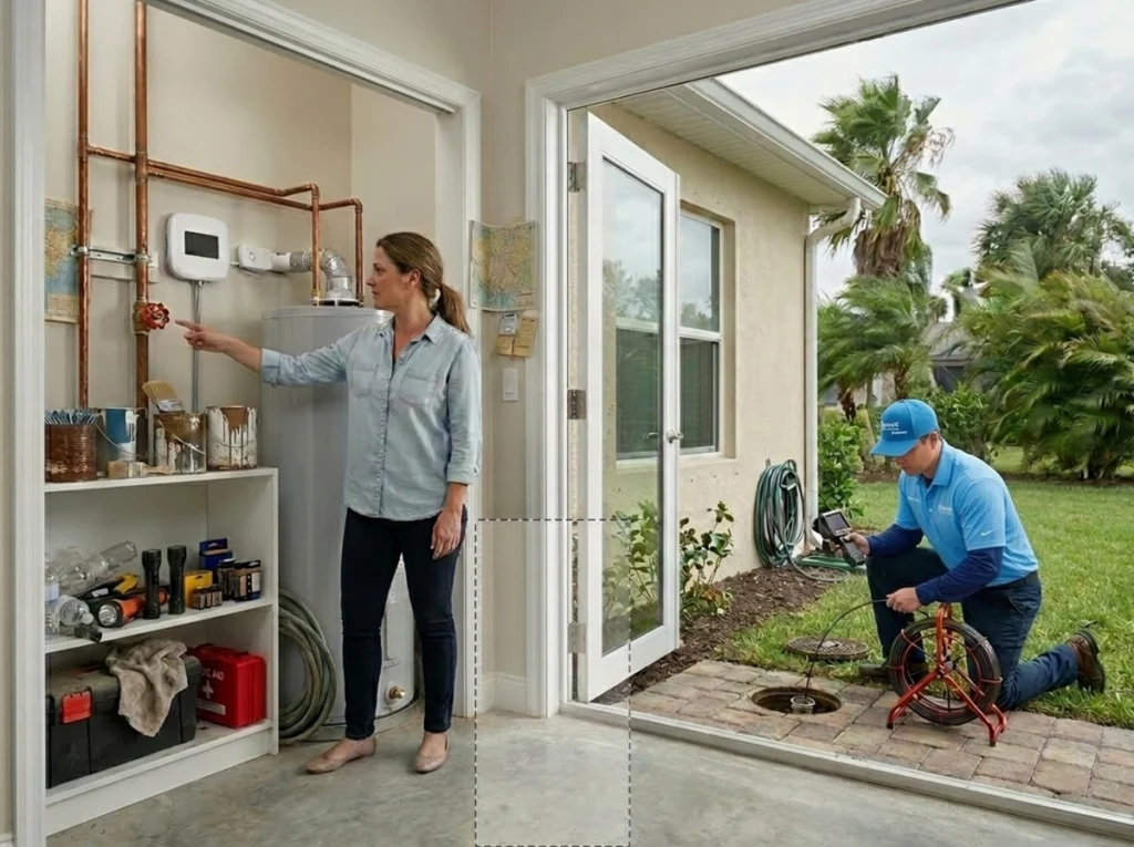 Homeowner preparing shut-off valve and sewer line before hurricane