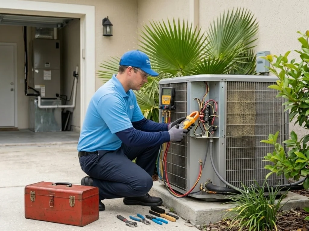 HVAC technician completing a comprehensive pre-summer AC tune-up in Jacksonville