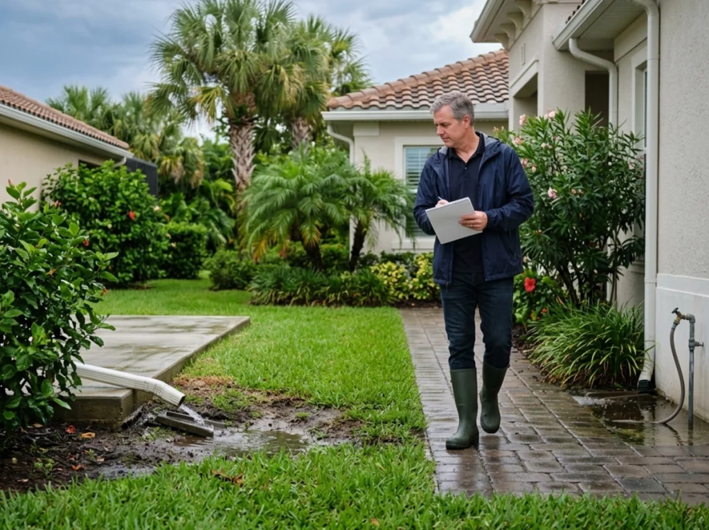 Florida homeowner inspecting drainage after rainstorm