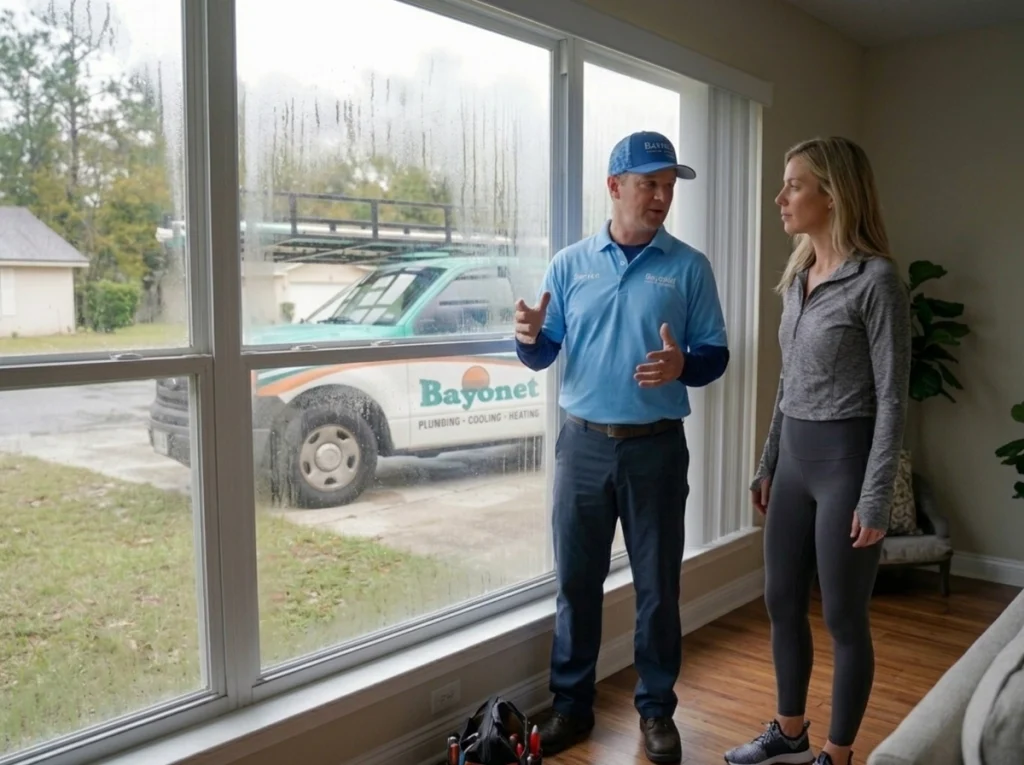 Sarasota homeowner comparing room airflow and humidity with an HVAC technician