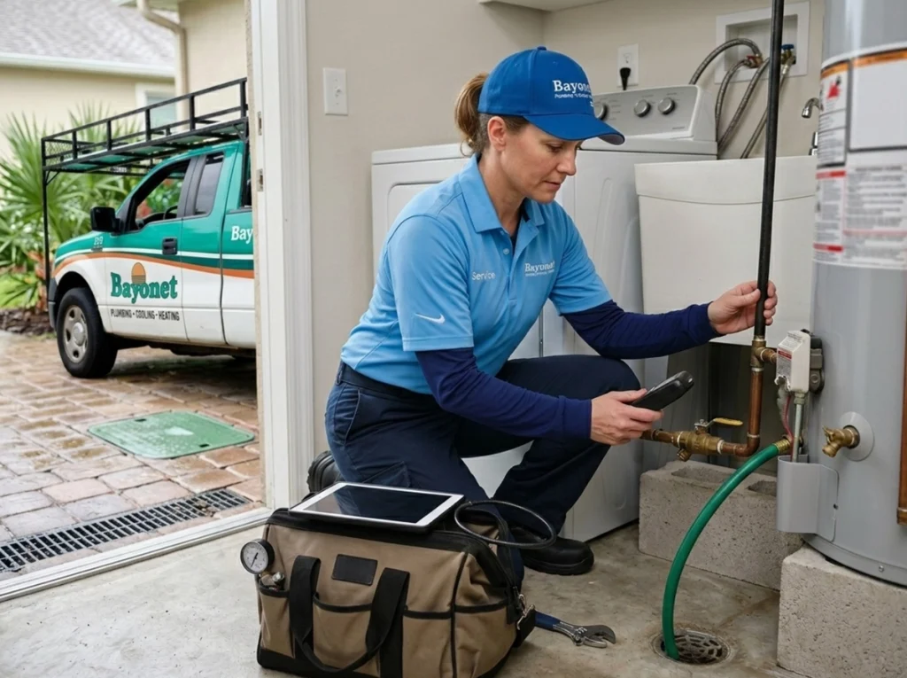 Plumber inspecting home plumbing before Florida storm season