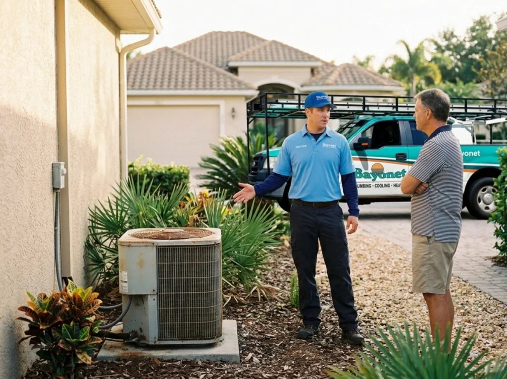 Technician and a homeowner discussing replacing an AC condenser unit on inside of a house in Tampa Bay Florida.