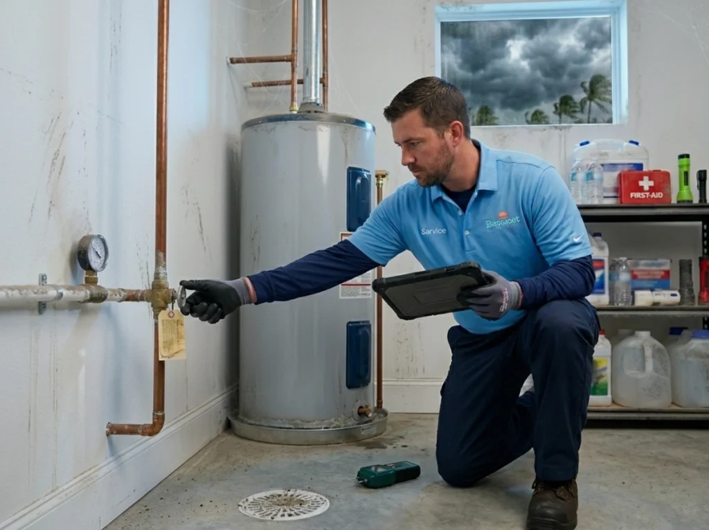 Plumber checking shut-off valve and water heater before storm season