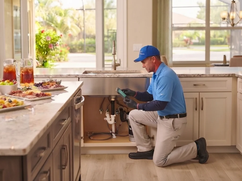 Bayonet plumber inspecting kitchen plumbing before Fort Myers summer gathering