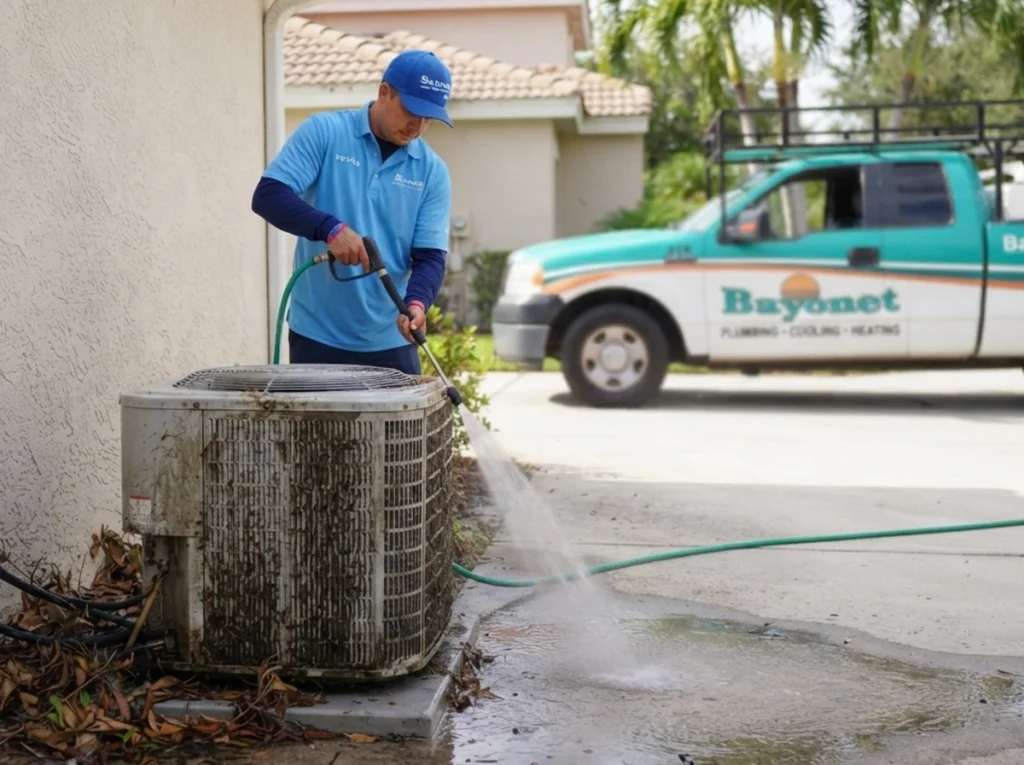A Bayonet HVAC tech cleaning an AC unit.