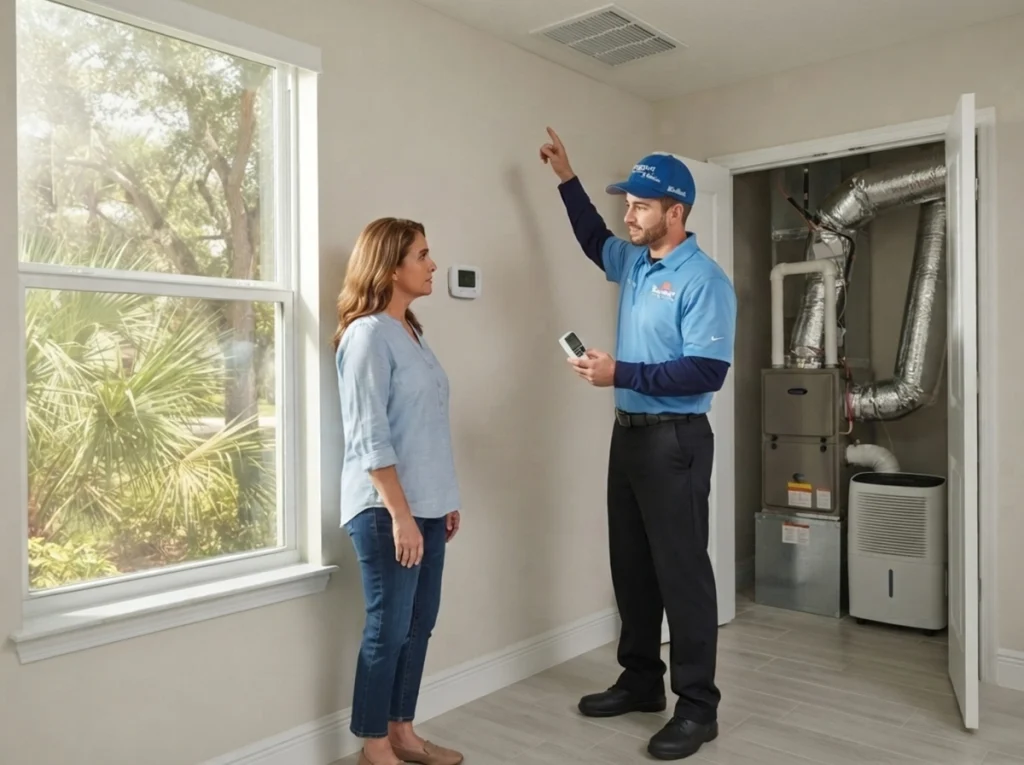 Lakeland homeowner discussing nonstop AC operation with HVAC technician