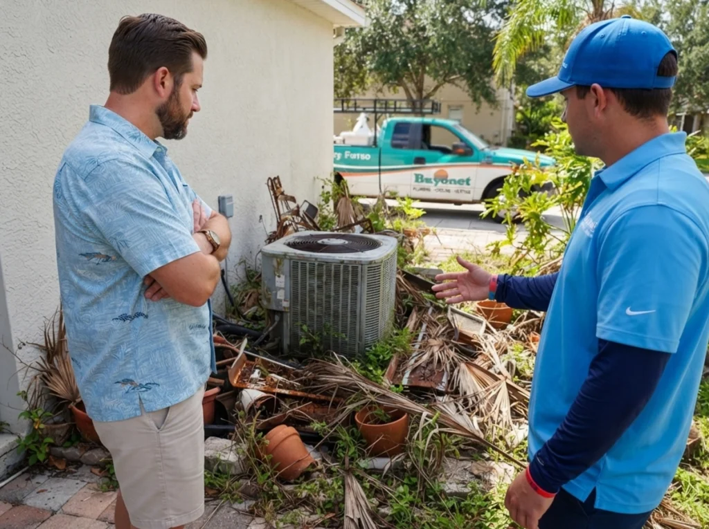 An HVAC technician and a homeowner discussing the Block AC condenser unit.