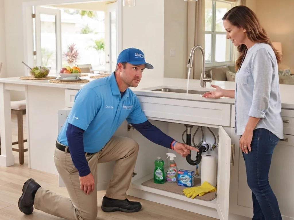 Bayonet plumber inspecting Jacksonville kitchen plumbing before summer