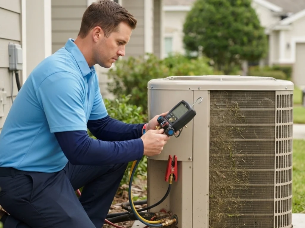Bayonet-uniformed technician diagnosing excessive AC runtime