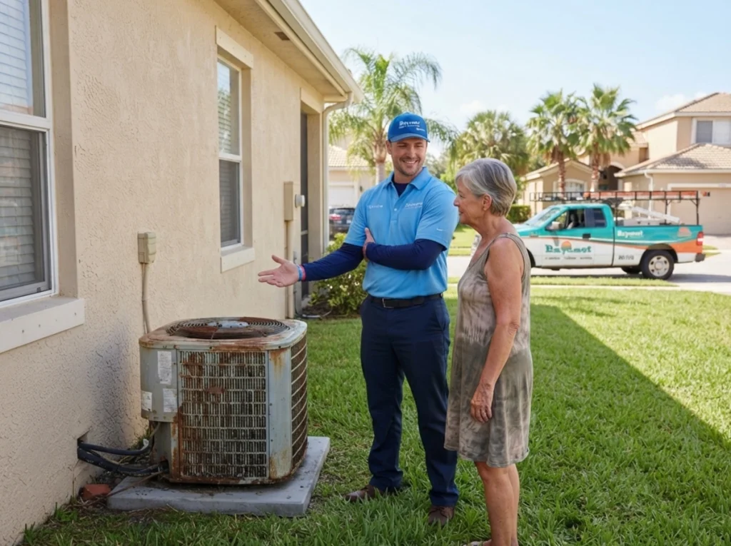 North Port homeowner discussing long AC cycles with HVAC technician
