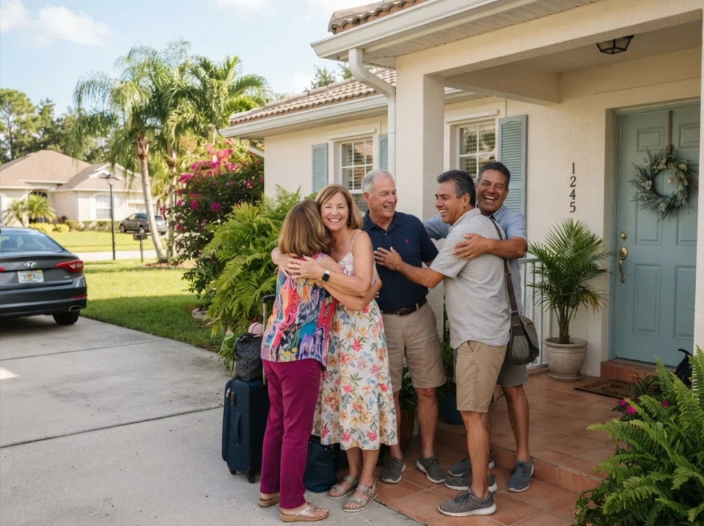 Homeowners welcoming guests into thier home for a visit.