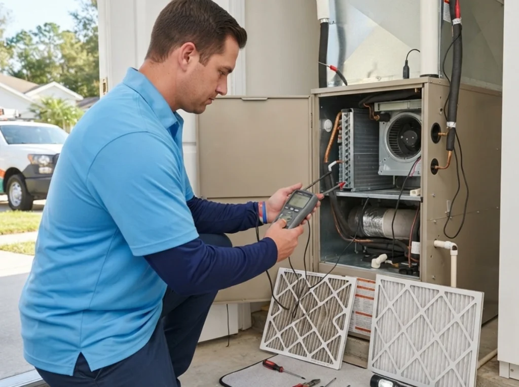 HVAC technician testing restricted airflow in an Ocala home