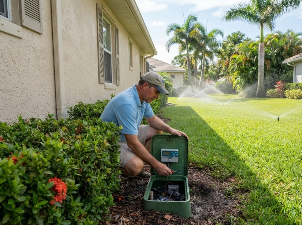 A homeowner checking his sprinkler system.