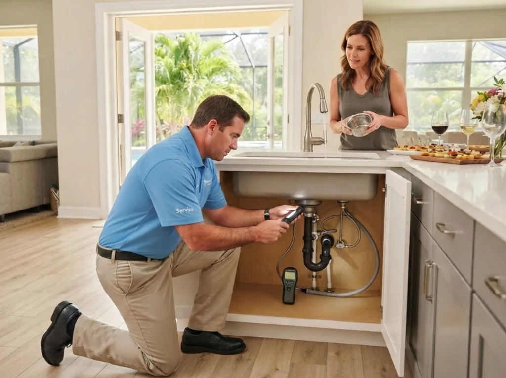 Bayonet plumber inspecting Tampa kitchen plumbing before summer guests