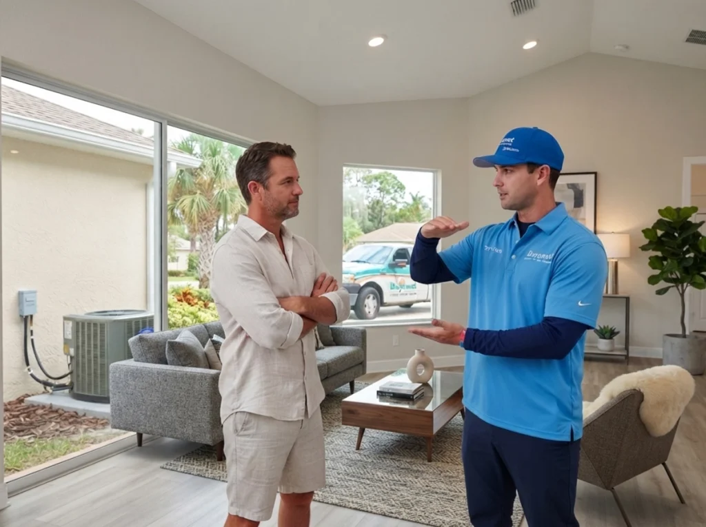 Common causes of extended air conditioner run time in Florida being explained to a homeowner.