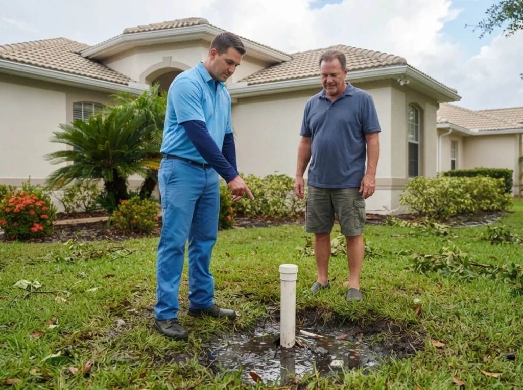 Florida homeowner checking sewer warning signs after a storm