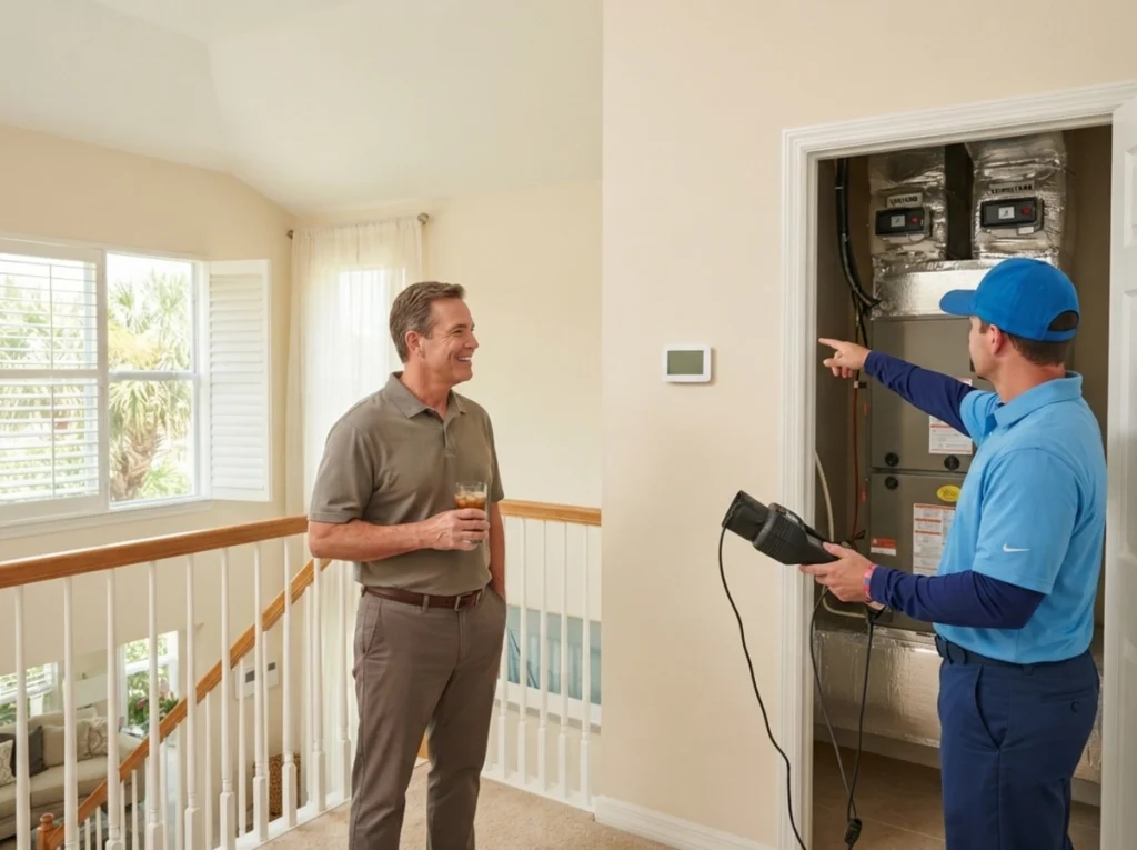 Fort Myers homeowner reviewing zoned cooling for a hot upstairs bedroom
