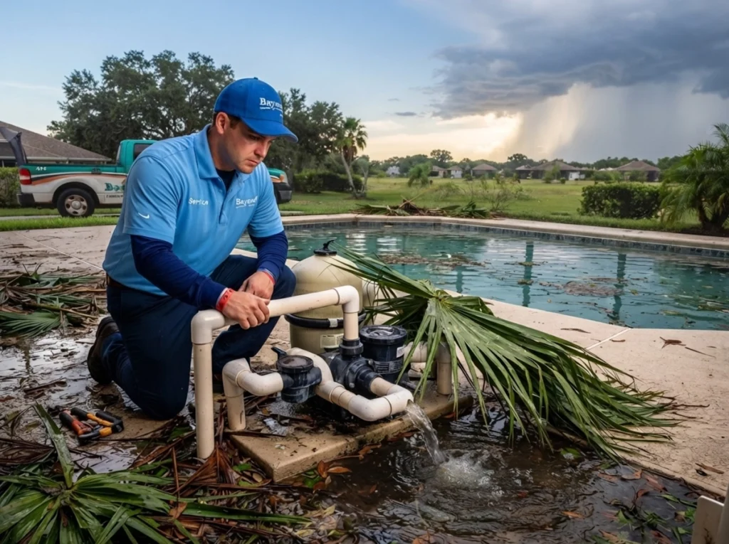 A plumber repairing a broken pool pump