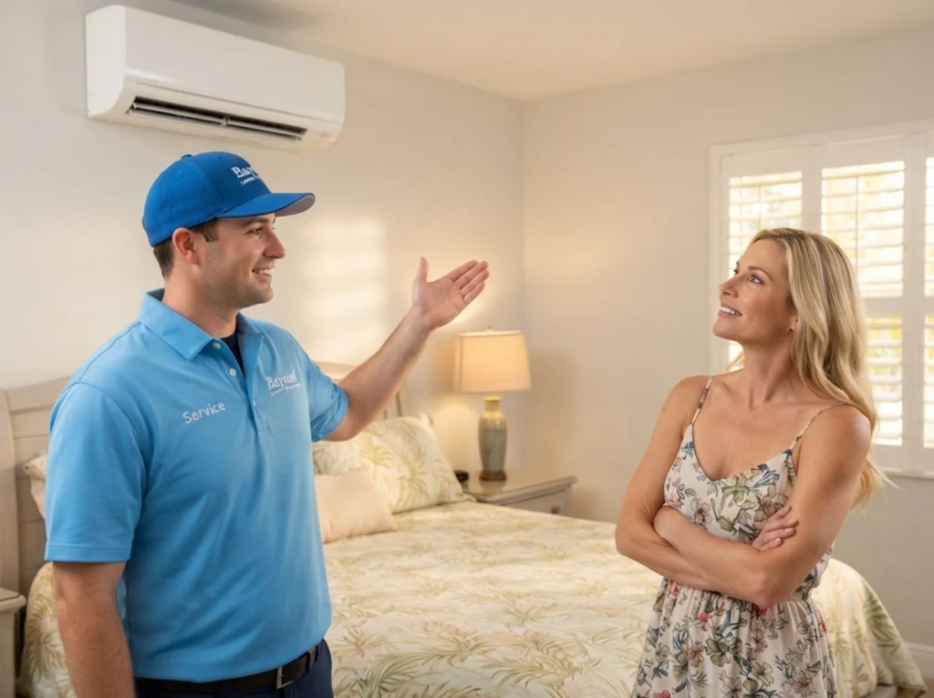 An HVAC technician showing the homeowner a new mini split for zoned cooling