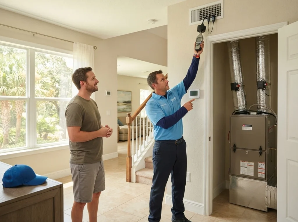 Clermont homeowner reviewing zoned cooling for a warmer upstairs room