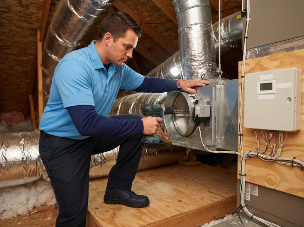 Bayonet technician installing a motorized HVAC zoning damper