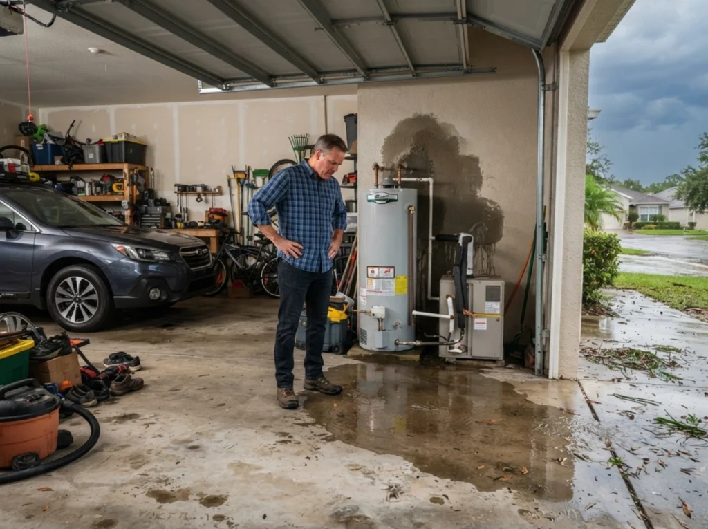 The homeowner understanding in his garage, looking at the large puddle that is leaked in during the storm.