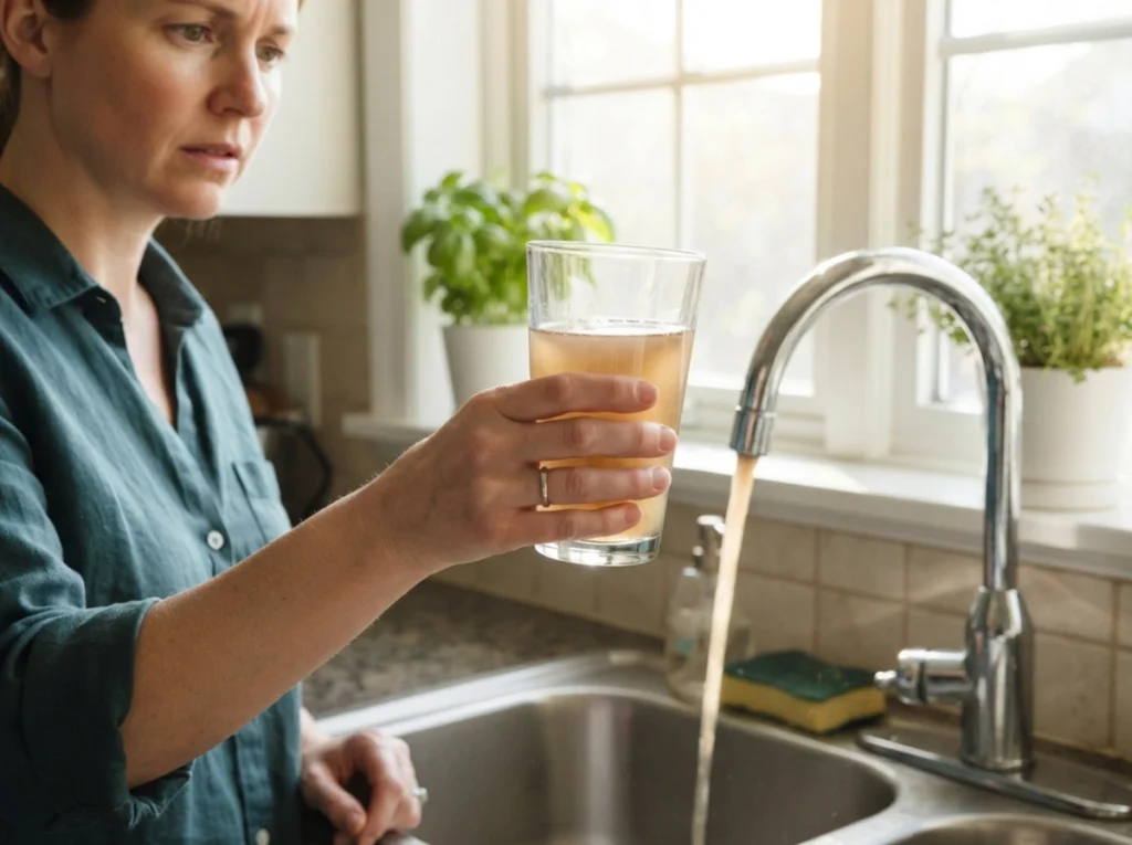 Homeowner checking her water at the kitchen sink that is tinted brown after a storm.