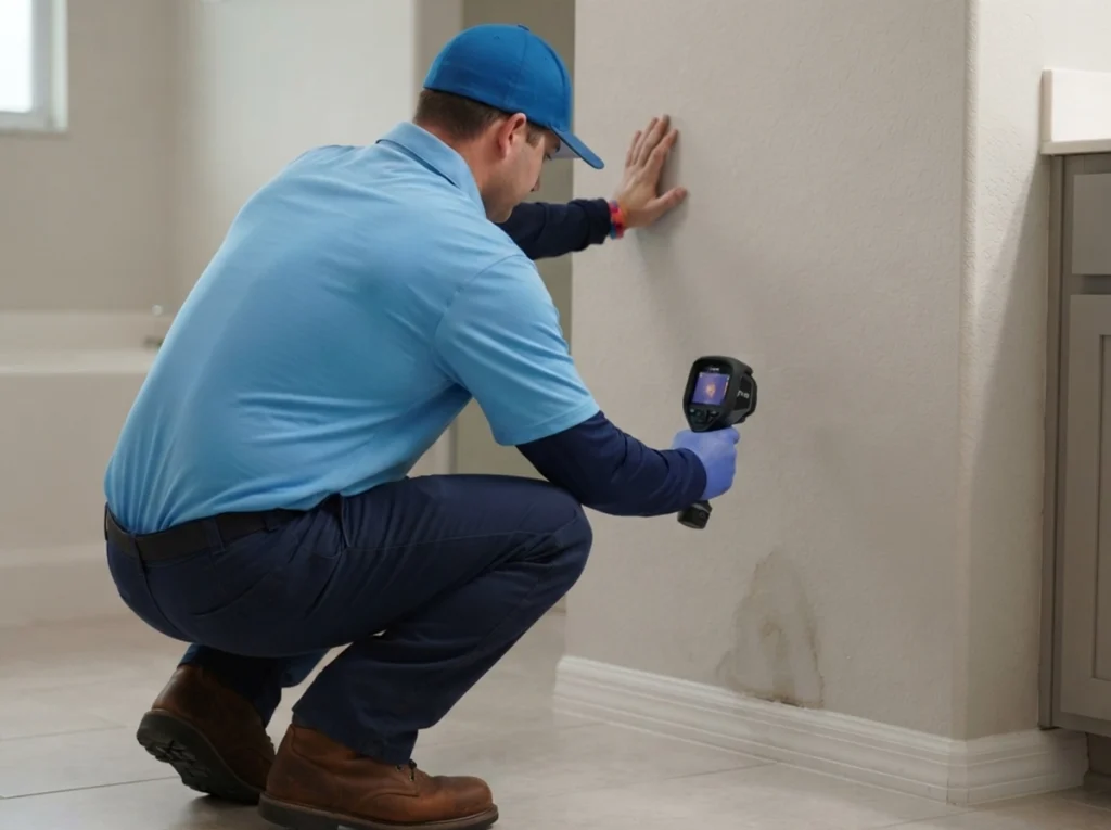 Bayonet plumber locating a hidden post-storm plumbing leak in Ocala