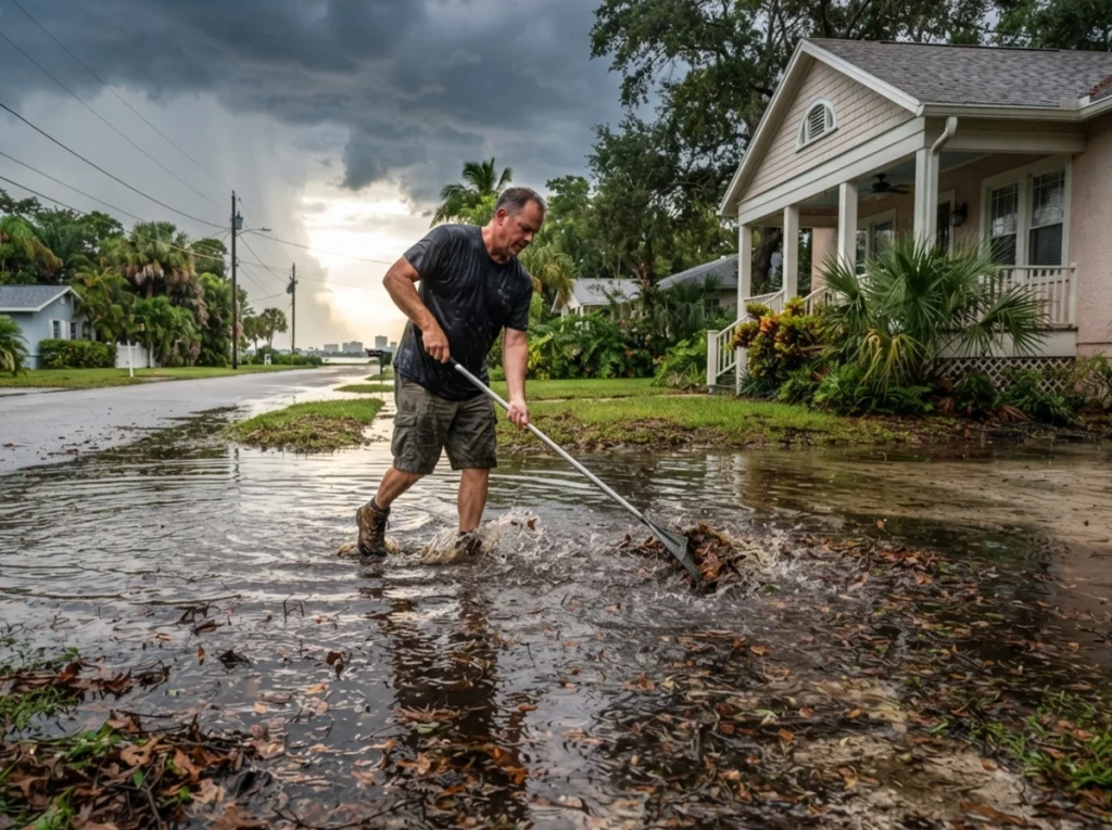 Sarasota, Florida homeowner cleaning up leaves and debris from an outside drain