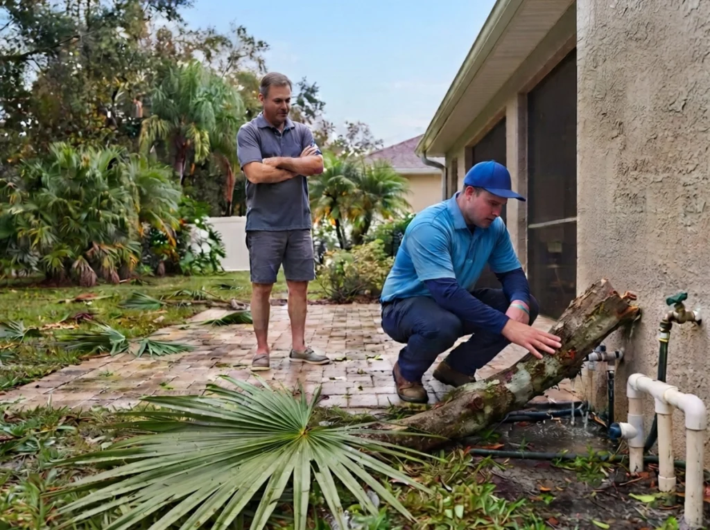 Storm-damaged outdoor plumbing inspection at a Tampa home