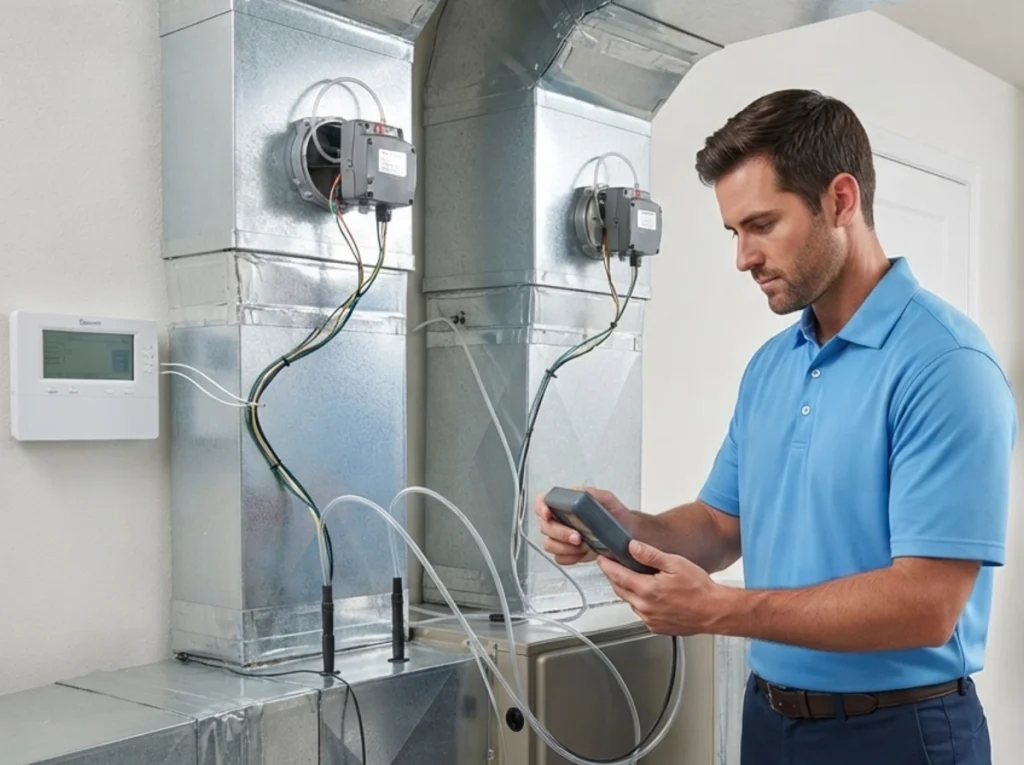 Bayonet technician testing motorized dampers in a zoned HVAC system