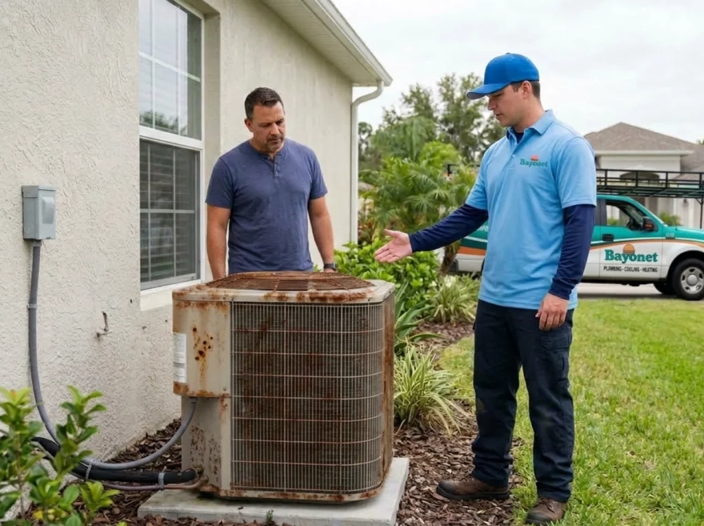 Lakeland homeowner discussing AC repair or replacement with HVAC technician