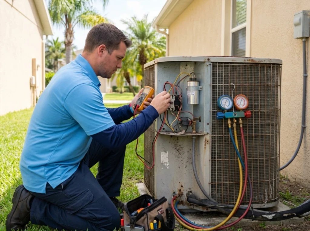 HVAC technician evaluating aging air conditioner after Florida summer