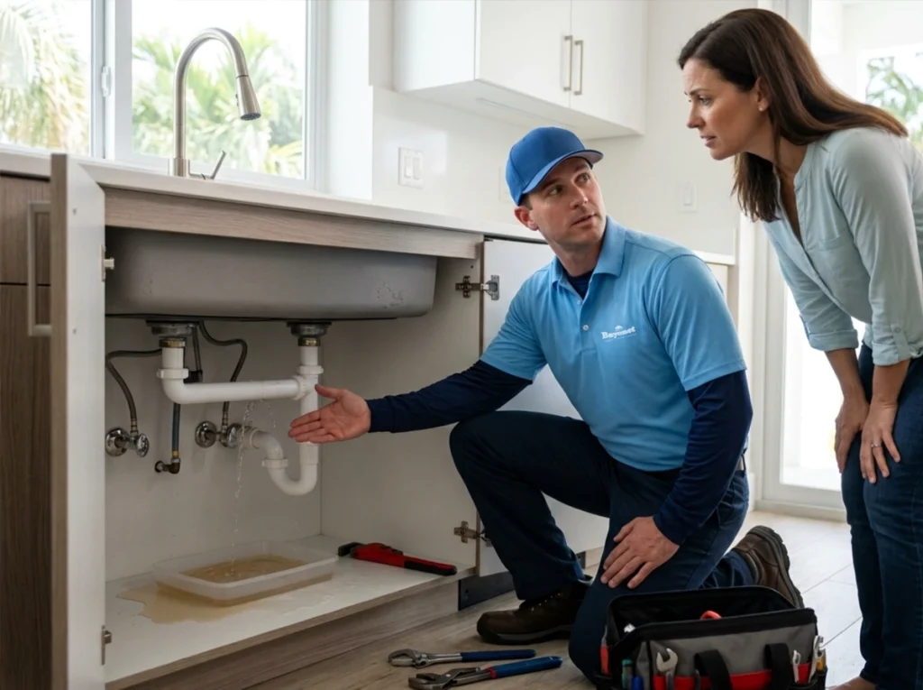 Florida homeowner discussing an active plumbing leak with an emergency plumber