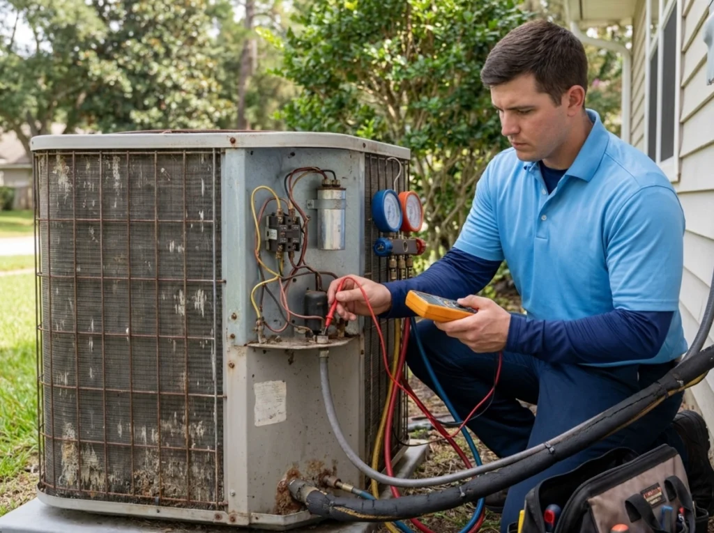HVAC technician evaluating aging air conditioner in Jacksonville Florida