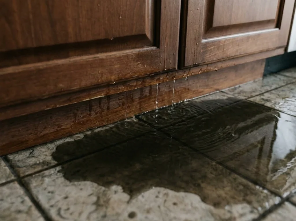 Leak coming from under the kitchen sink cabinets.