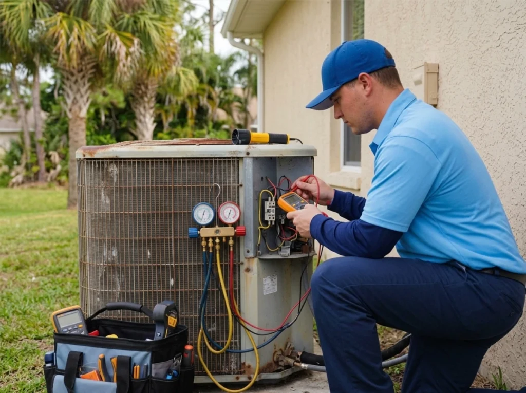 HVAC technician evaluating aging air conditioner in North Port Florida