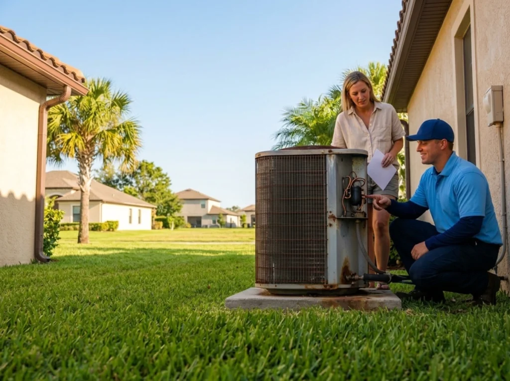 HVAC technician evaluating aging air conditioner after Florida summer