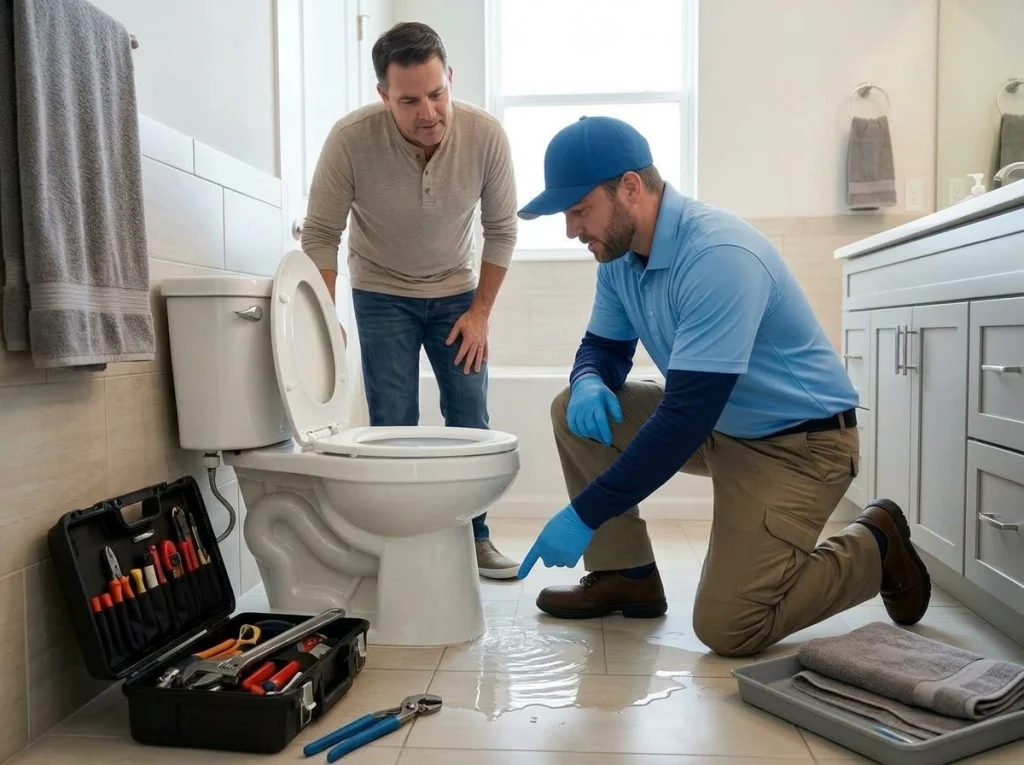 Ocala emergency plumber stopping an overflowing toilet