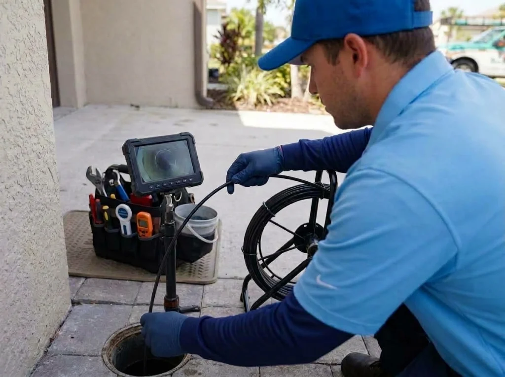 Plumber using a drain camera to diagnose a Sarasota sewer problem