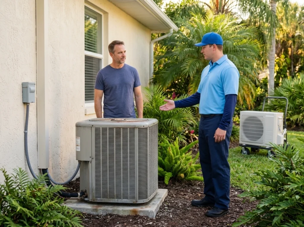 Sarasota homeowner discussing AC replacement after summer with HVAC technician