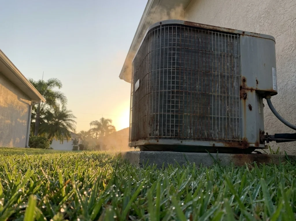 HVAC technician evaluating aging air conditioner in Jacksonville Florida