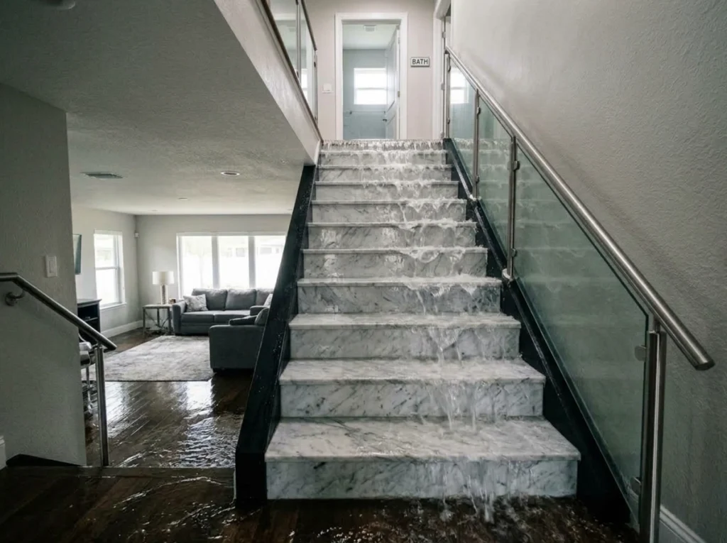 A burst pipe in the upstairs bathroom as the water leaks down the stairs into the main living area.