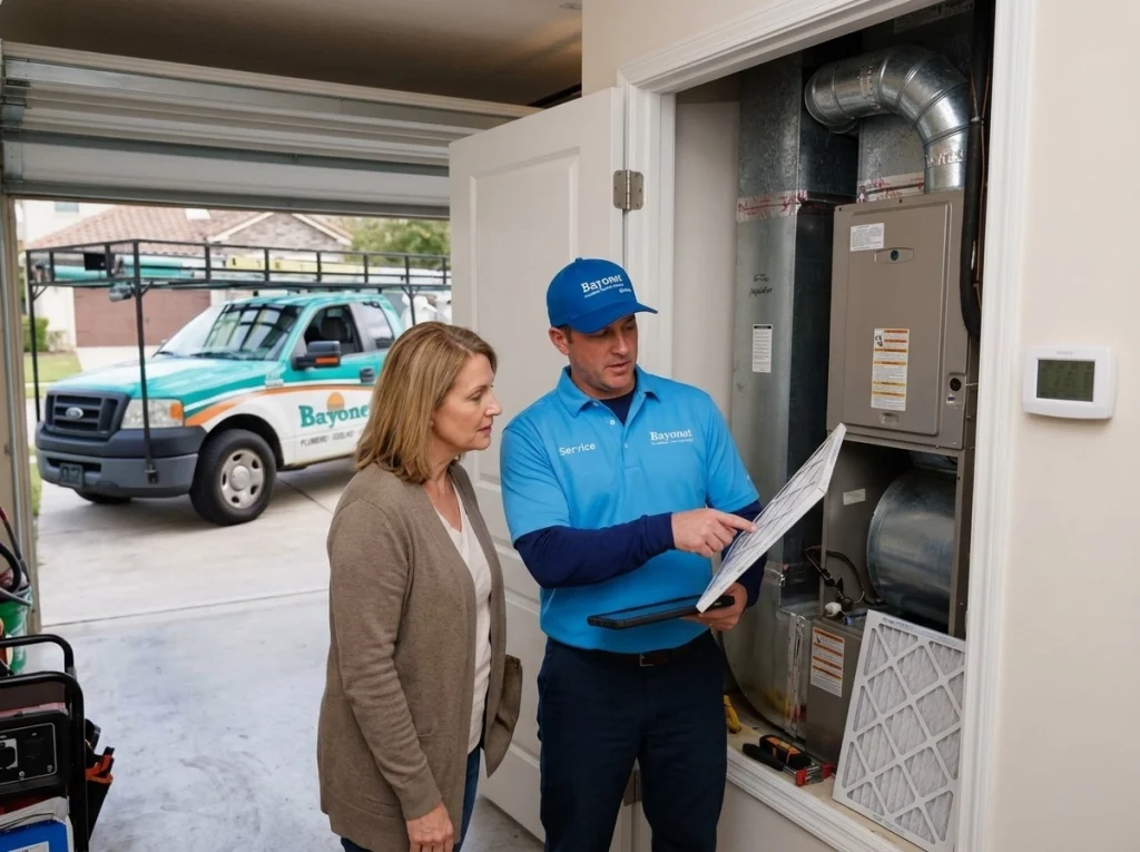 Fort Myers homeowner reviewing Florida heating checklist with HVAC technician