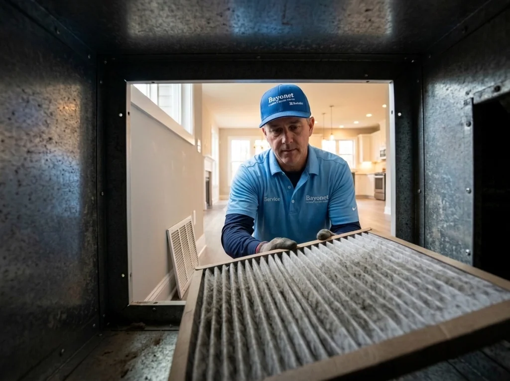 A Bayonet HVAC tech removing a dirty air filter.