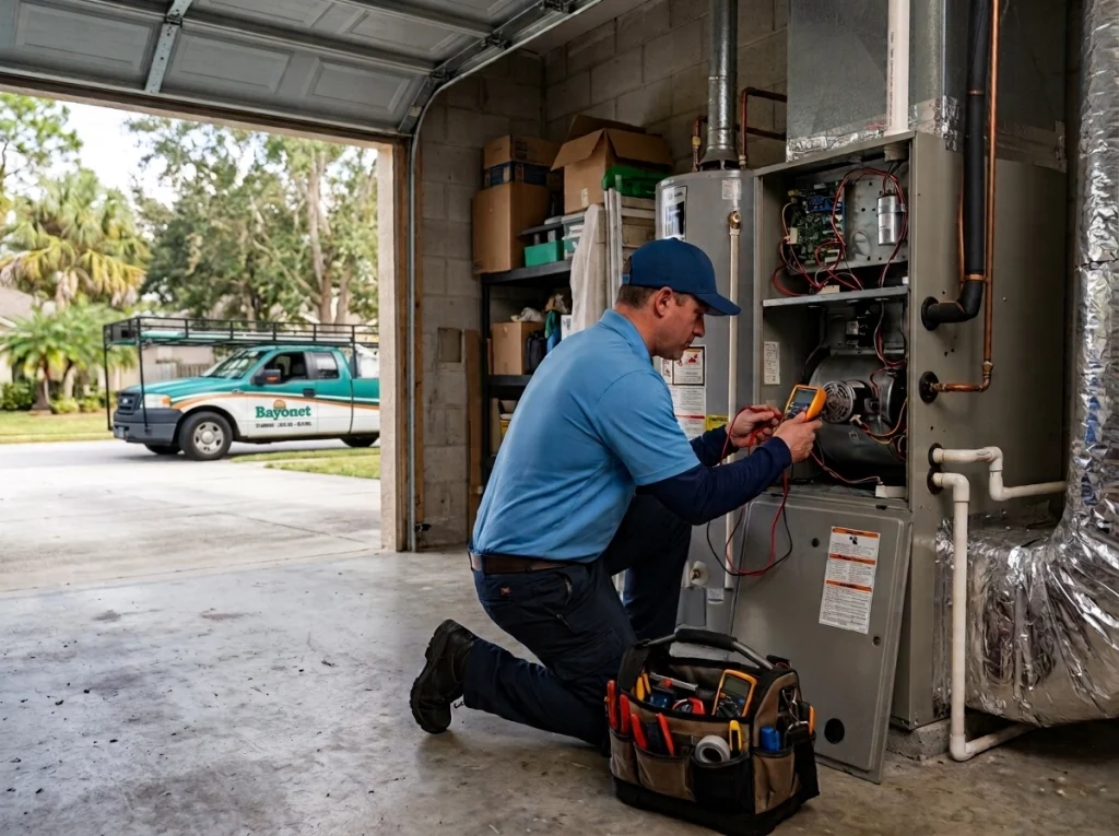 HVAC technician preparing Florida heating system for cooler weather